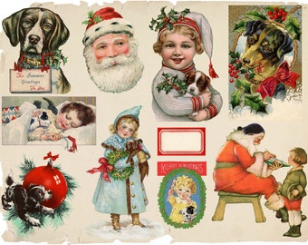 Christmas Clipart Collage Sheet Digital Download, puppies, Dogs, Merry Christmas, Santa junk journal
