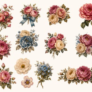 Pode incluir: Uma coleção de ilustrações florais com vários arranjos de rosas e peónias em tons de rosa profundo, creme suave e azul suave, acompanhados por folhas verdes e uma fita azul com padrão num dos ramos.