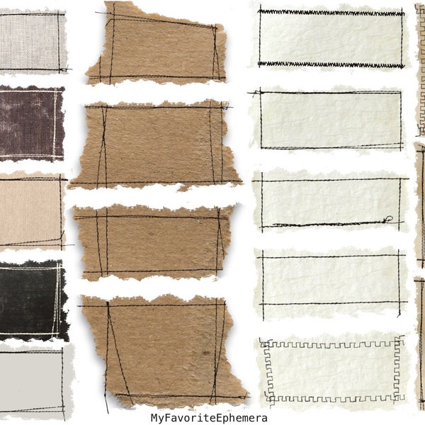 17 Vintage Stitched Labels,  Torn Paper Scraps, Frayed Fabric, for Tags, Junk Journal, Collage Digital Download