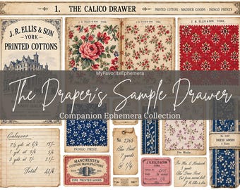 Könnte beinhalten: Eine Sammlung von Ephemera im Vintage-Stil mit bedruckten Baumwollstoffmustern, Buchhaltungsseiten und Etiketten. Das Set enthält florale Muster in Rot, Blau und Weiß sowie Texte wie J.R. Ellis & Son, The Calico Drawer und The Draper's Sample Drawer.