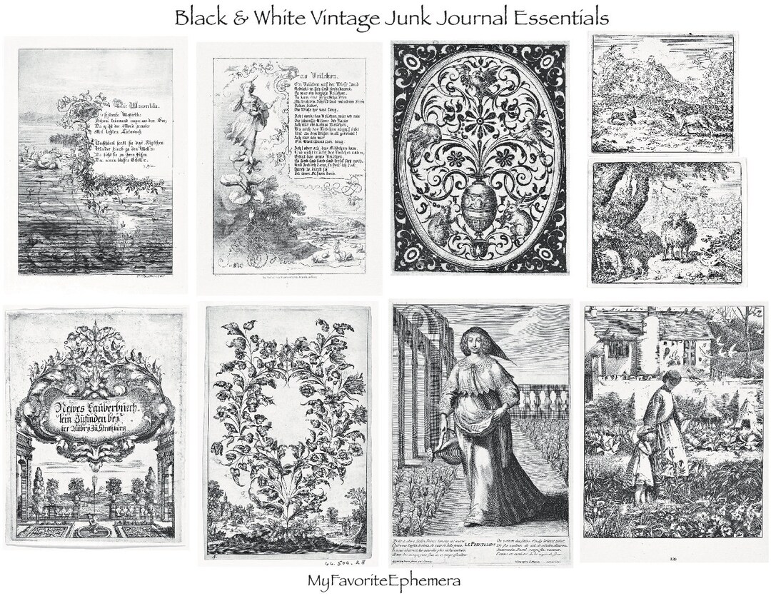 Black and White Junk Journal Essentials III, Vintage Ephemera, Paper ...