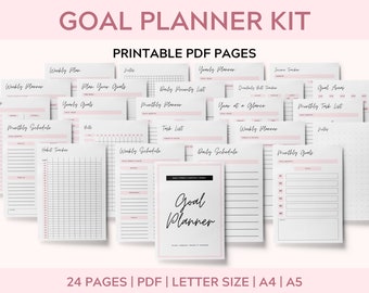 Goal Planner Kit, 24 Page Printable Goal Tracking Templates Bundle, Weekly Goal Setting Personal Planner Inserts, Goals Overview