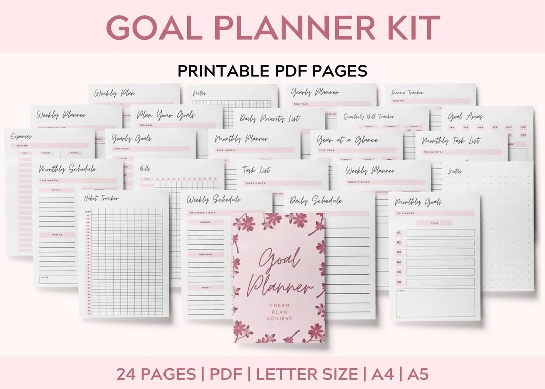 Goal Planner Kit, 24 Page Printable Goal Tracking Templates Bundle ...
