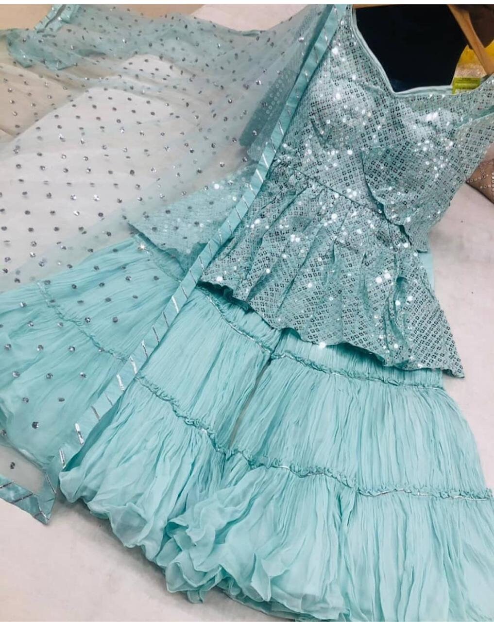 Designer Sky Blue Colour Top Plazo With 