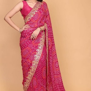 Pink & Maroon Georgette B&hani Print Saree & Gota Patti Jaipuri Border main image 1