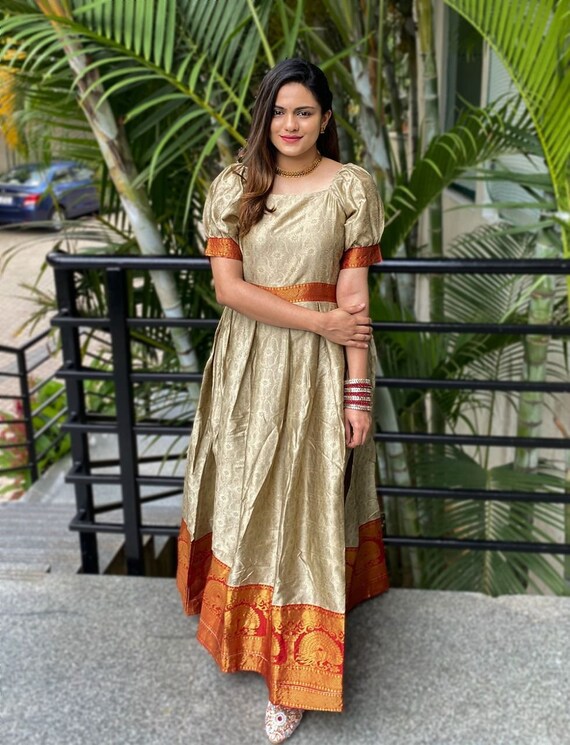 Silk Gown zari Weaving Work Long Frock Indian Handmade Party Wear
