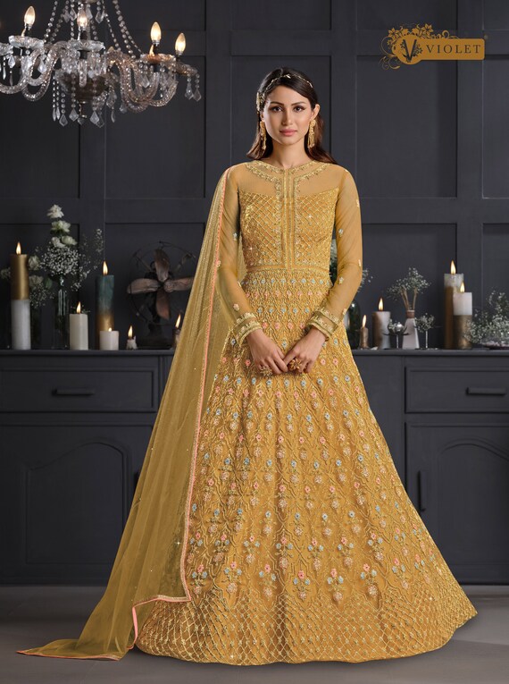 Yellow Latest Net Gown Indian Designer 