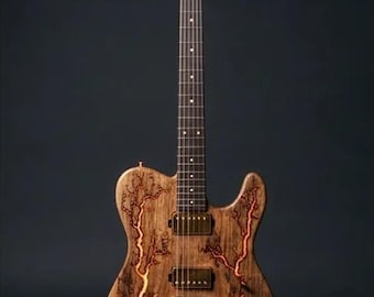 Lichtenberg Fractal Burn Electric Guitar, Handmade Walnut Body, Gold Plated Hardware, One of a Kind Art Guitar, Made to Order