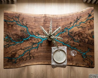 Lichtenberg Fractal Burned Walnut Dining Table, Live Edge Turquoise Epoxy Resin Table, Handmade Wood Art Table, Made to Order
