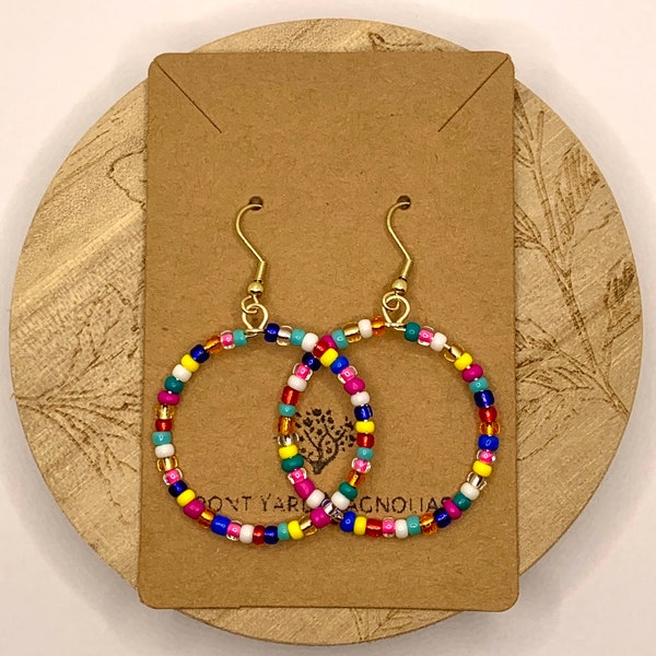 Multicolor Hoop Earrings, Medium Hoops, Beaded Hoop Earrings, Glass Seed Bead Earrings, Boho Earrings, Gold Wire Earrings