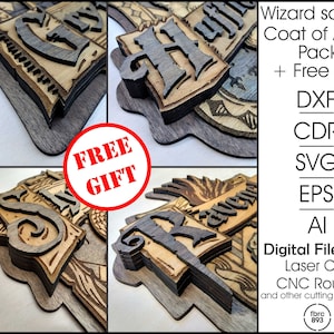 Puede incluir: Paquete de escudos de armas de la escuela de magos de madera con un regalo gratis. El diseño en capas presenta detalles intrincados y el texto "Wizard school Coat of Arms Pack + Free Gift". Archivos digitales para corte láser y CNC.
