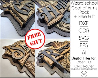 Multilayer Coat of Arms witchcraft school wizard magic school pack Digital file Lasercut cnc router, DXF, cdr, SVG, EPS, ai, template vector