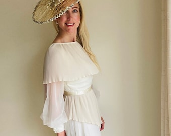 Vestido vintage color crema para novias, vestido de noche para ocasiones especiales, mangas abullonadas, romántico, auténtico, estilo bohemio retro de los años 70, fluido.