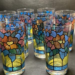 Pasinski Stained Glass Floral Highball Drinking Glasses (8)