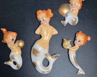 Vintage Chalkware Mermaid Set