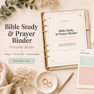 May include: A beige binder with gold rings containing pages titled Bible Study & Prayer Binder. Included are loose sheets with sections for Bible Study Overview, Daily Prayer Journal, and Sermon Notes in soft pastel green, pink, and yellow colors.