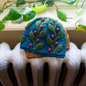 Handmade Plant Hat, Tree Hat, Winter Beanie or Toque, Textured and Chunky Crochet Skull Cap, Blue Cotton Hat, Woman&#39;s Knitted Crochet Hat