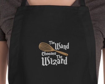 Embroidered Wand Chooses The Wizard Apron with Whisk Gift for Geeky Chefs Cooks and Bakers