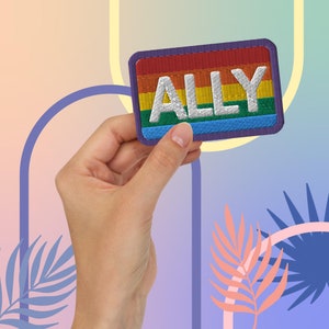 May include: A hand holding a rainbow-colored patch with the word "ALLY" embroidered in white.