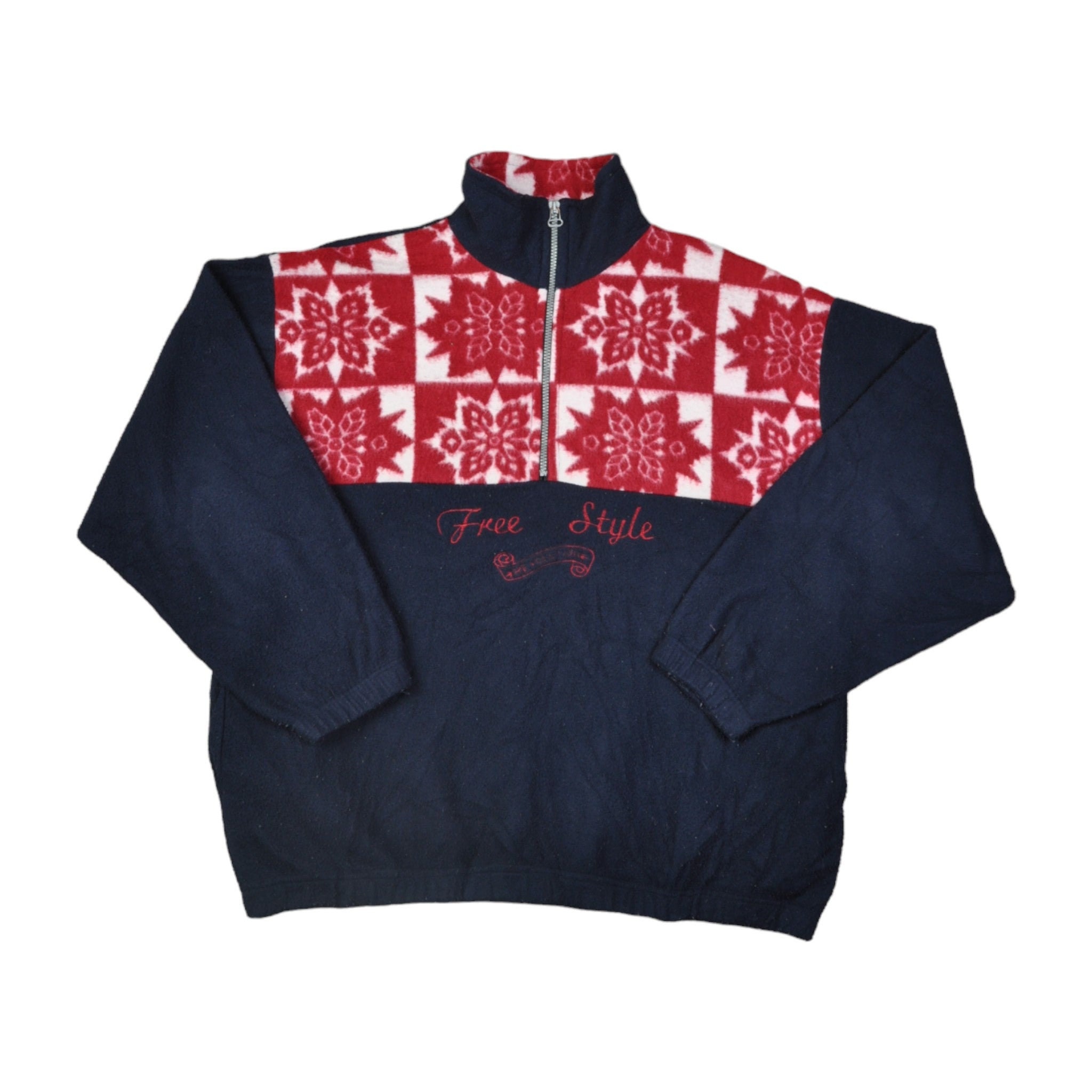 Vintage Fleece 1/4 Zip Jacket, Retro Pattern Blue, Ladies XL