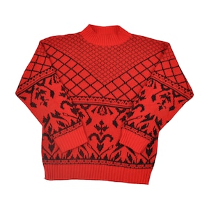Vintage Knitted Jumper | Retro Red/Black Pattern | Ladies Medium Sweater | Cozy Acrylic Knitwear | Unique 90s Fashion Top