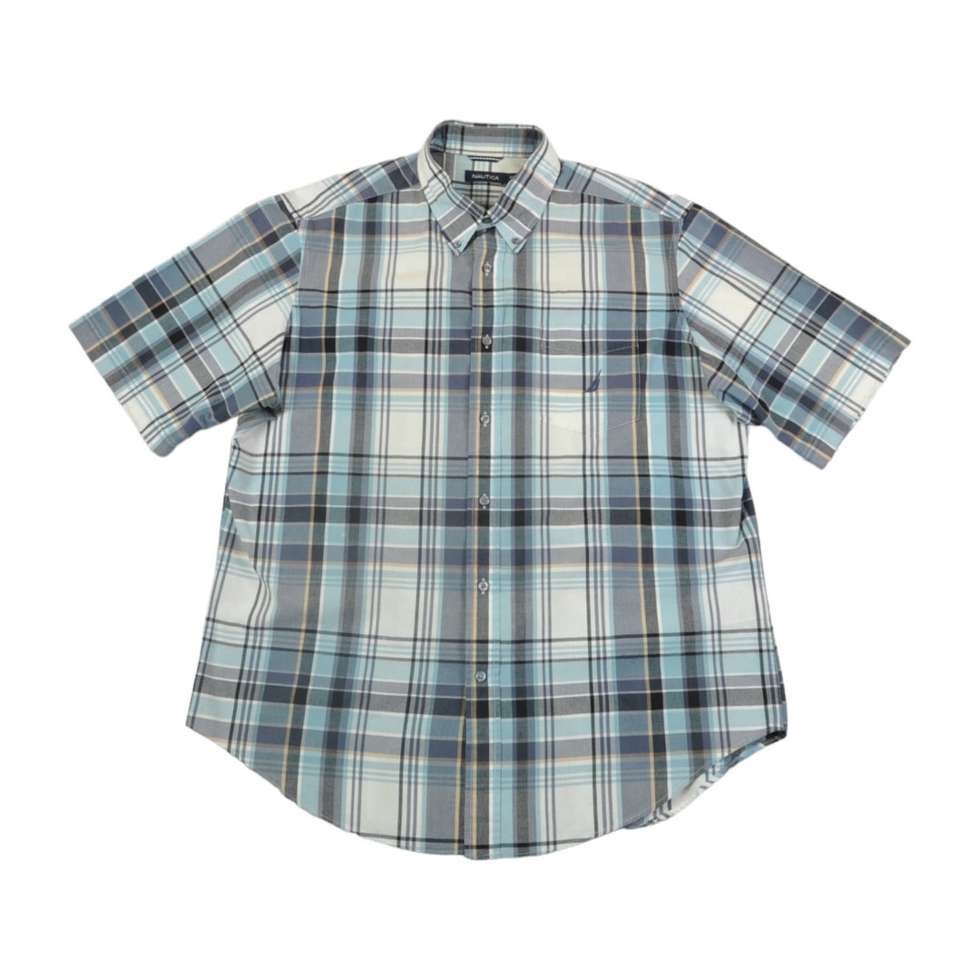 男女兼用チェックシャツ【NAUTICA】VINTAGE CHECK SS SHIRTS 525 Vintage Nautica Shirt Short Sleeved Checked Pattern Blue XL