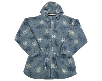 Vintage Fleece Hooded Jacket Retro Snowflake Pattern Blue Ladies Large