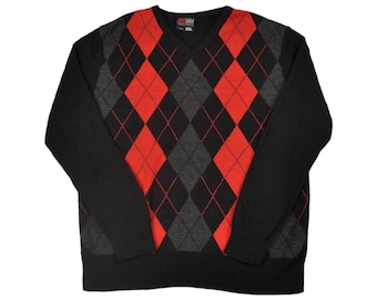 Vintage Argyle Knit Sweater: Black Red, Ladies Large