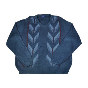 Vintage Blue Pattern Knit Sweater - 80s Retro V-Neck Medium