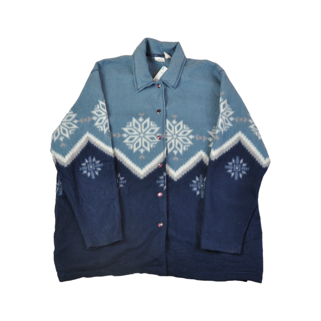 Vintage Fleece Jacket Retro Pattern Blue Ladies XL Etsy
