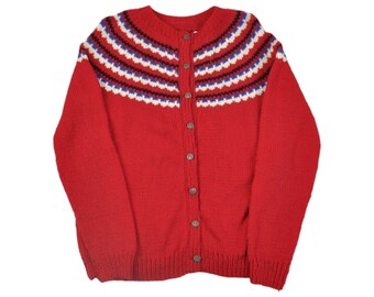Vintage Knitted Cardigan Icelandic Retro Pattern Red Ladies Small