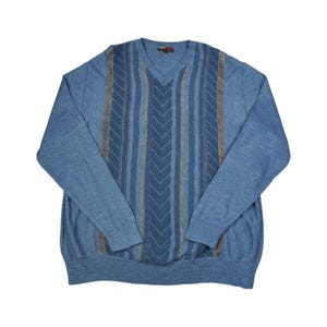 Vintage Crew Neck Sweater | Blue Patterned Knitwear | Large | Unique Vintage Fashion | Cozy 90s Style | Retro Knitwear Essential
