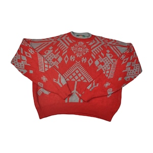 Vintage Crew Neck Sweater | Retro Pattern Red | Ladies XL Knitwear | 80s Style | Cozy Knit | Unique Vintage Fashion