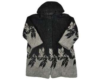 Vintage Fleece Hooded Jacket Retro Pattern Black/Grey Ladies Large