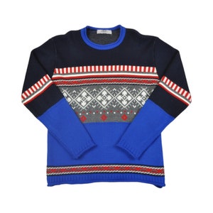 Vintage Knit Sweater: Retro Blue Pattern, Ladies Medium