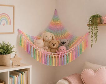 Rainbow Toy Hammock Stuffed Animal Storage Crochet Toy Net Corner Plushie Hammock Nursery Decor Kids Room Organizer