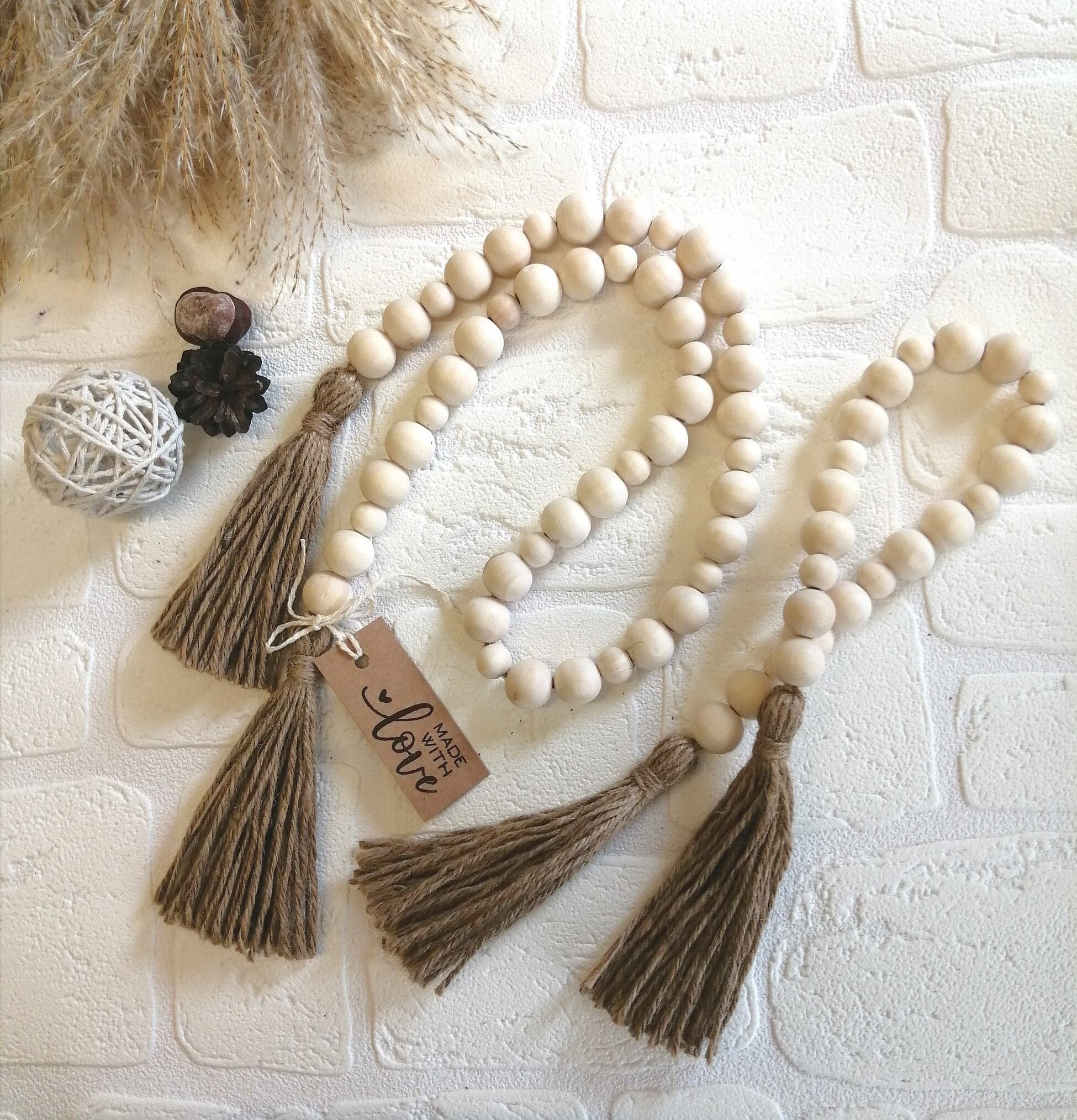 Natural Wood Handmade Bead Garland on Spool