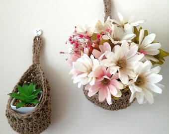 Jute Hanging Basket Drop Jute Storage Small Basket Plant holders UK Kitchen Basket Jute basket wall hanging basket crochet handcrafted