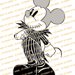 May include: Black and white illustration of Mickey Mouse dressed as Jack Skellington from the Nightmare Before Christmas. Mickey is wearing a black and white striped suit with a bow tie and a black hat. He has a stitched-up mouth and a mischievous grin.