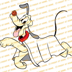 May include: A cartoon dog wearing a white ghost costume and a red collar. The dog is running and holding an orange pumpkin in its mouth.