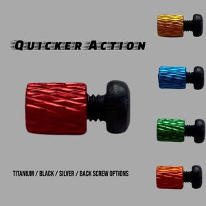 Puede incluir: Primer plano de varios tornillos metálicos de colores con cabezas negras. El texto "QUICKER ACTION" está encima de los tornillos. El texto "TITANIUM / BLACK / SILVER / BACK SCREW OPTIONS" está debajo.