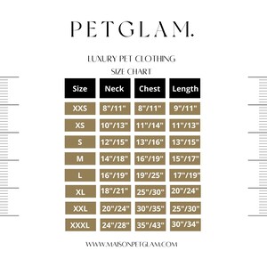May include: Size chart for pet clothing with measurements in inches. The chart shows sizes from XXS to XXXL with corresponding neck, chest, and length measurements.