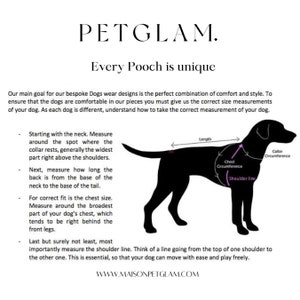 May include: Diagram showing how to measure a dog for a custom dog harness. The diagram shows a black dog with lines indicating the length, chest circumference, shoulder line, and collar circumference.