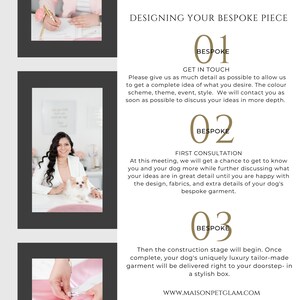 May include: A three-step guide to designing a custom dog garment. The steps are: Get in Touch, First Consultation, and Bespoke. The image includes a woman with a dog, a person sewing, and text describing each step.