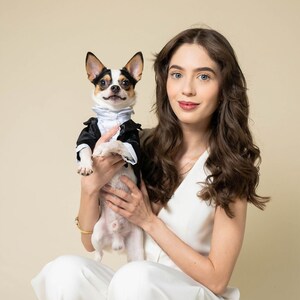 May include: A woman with long brown hair is holding a small black and white chihuahua wearing a tuxedo. The dog is looking at the camera. The woman is wearing a white sleeveless dress.