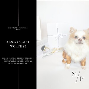May include: A small white and brown dog wearing a gold jacket and a gold necklace. The dog is sitting on a white surface with a white box, a gold ring, and a measuring tape. The text "M/P" is in the bottom right corner of the image. The text "SIGNATURE LUXURY FOR PETS" and "ALWAYS GIFT WORTHY!" is in the top left corner of the image. The text "PRECIOUS ITEMS DESERVE PRECIOUS PACKAGING. WE MAKE SURE ALL MAISON PETGLAM ITEMS WILL BE SHIPPED GIFT WORTHY." is in the bottom left corner of the image.