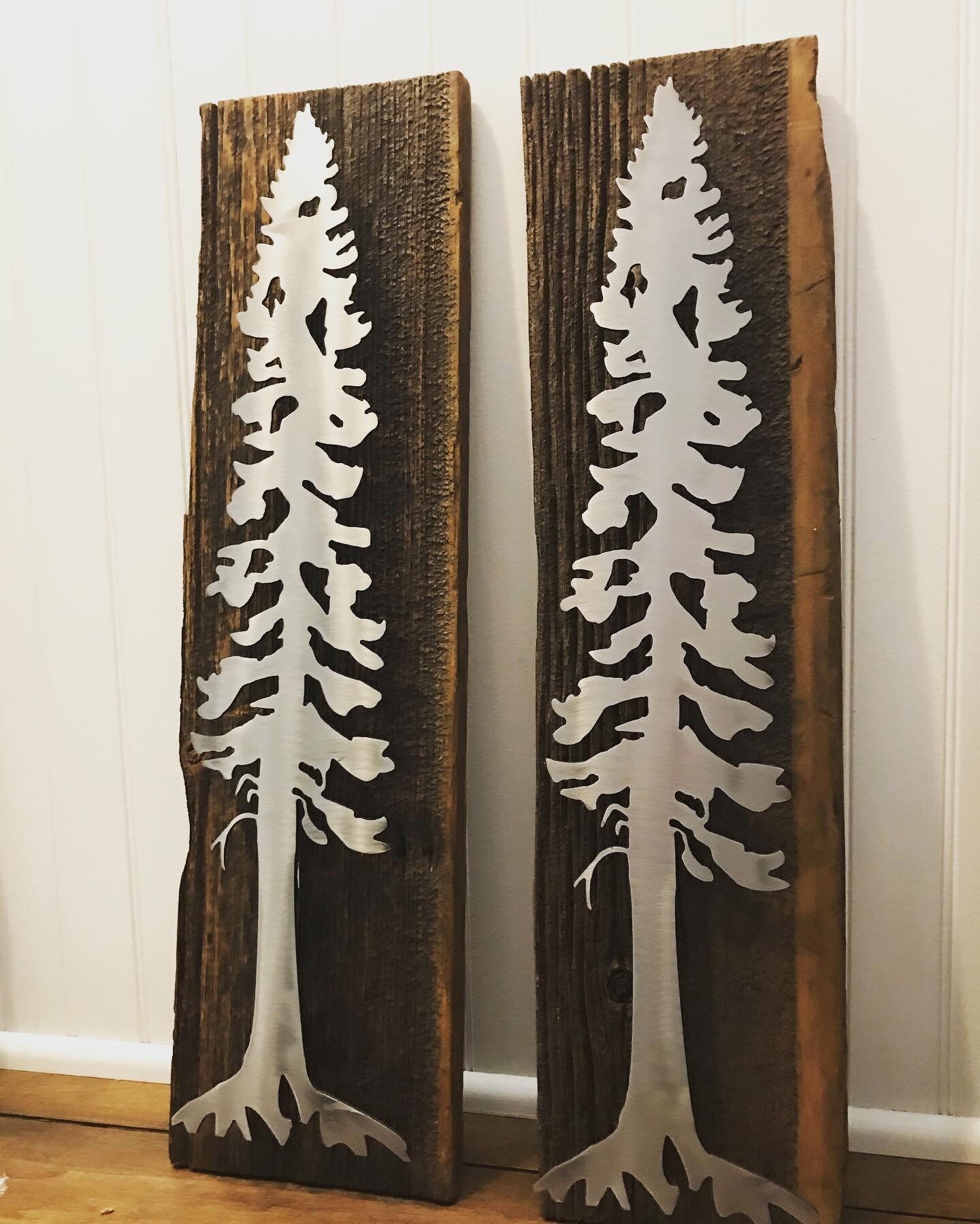 Set of Pine Tree on Barn Wood / Wood and Metal Signs / Rustic - Etsy