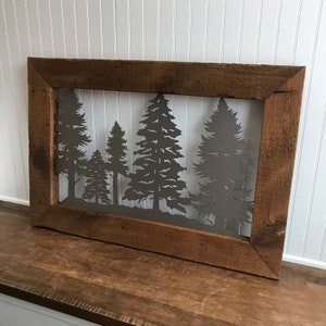 Pine Tree Scene on Barnwood / Wood and Metal Signs / Rustic Sign / Wall Art / Wall Decor