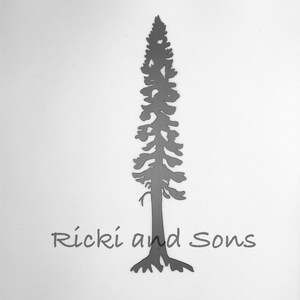 May include: A grayscale silhouette of a tall evergreen tree with a detailed, textured design. The tree's roots are visible at the base, and the text "Ricki and Sons" is printed below the tree.