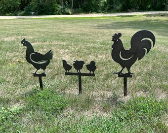 Rooster, Chicken and Baby Chicks Set - Steel Metal art / Metal Decor / Outdoor Decor / Ground Stake